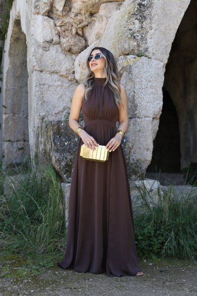 bytugcekaya Acı Kahve Halter Yaka Elbise
