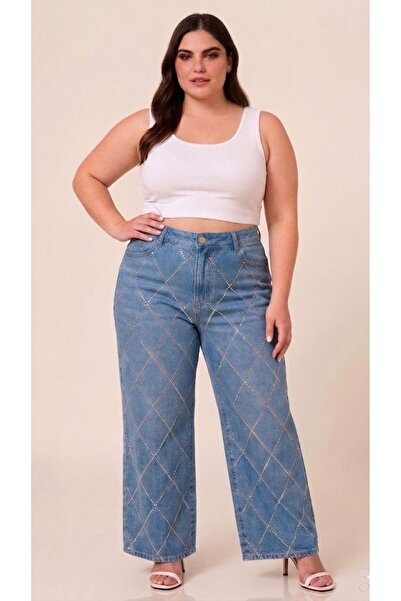 FİVA JEANS Plus Size Jeans Premium Super High Waist Stretchy Diamond Stone Wi...