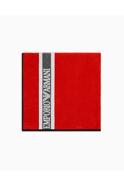 Emporio Armani Unisex Cotton Stripe Detailed Red Beach Towel with Brand Logo