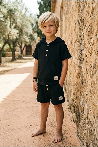 Lolliboomkids Țesătură de muselină neagră - Set de pantaloni scurți și tricou...