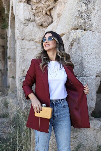 bytugcekaya Claret Red Blazer - Σχέδιο με εφέ μαλλί