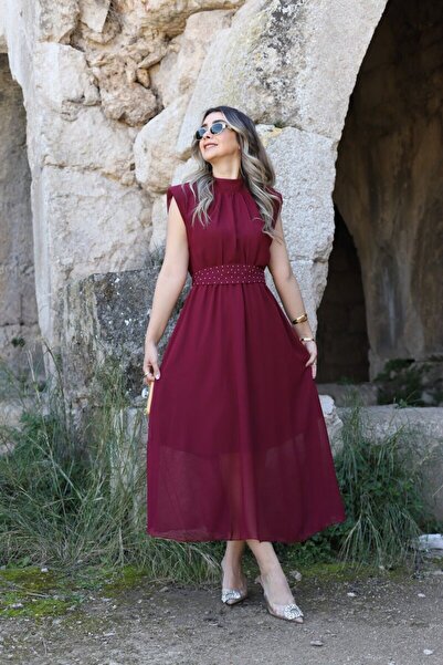 bytugcekaya Φόρεμα σιφόν σε μπορντό χρώμα με λεπτομέρεια από πέτρα και ζώνη