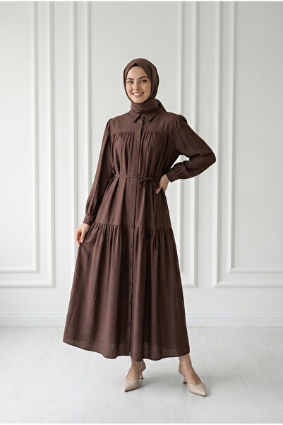 MİHRA STORE Φόρεμα Zafire με κουμπιά και ρόμπα σε χρώμα φράουλας-BN4603 Καφέ