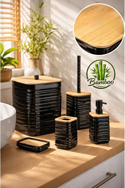Okyanus Home Luna Black Bamboo Detailed 5-Piece Bathroom Set