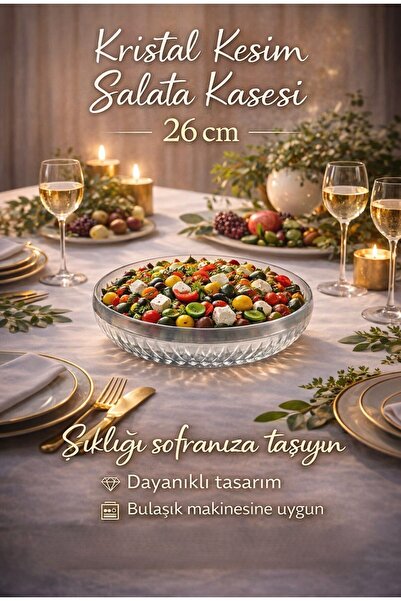 ELİGEQUEEN Kristal Kesim Cam Salata Kasesi Büyük 26 cm – Lüks sunum & Meyve K...