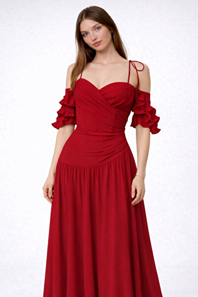 TOFAN TRİKO فستان أليا بتفاصيل على الكتف باللون الأحمر