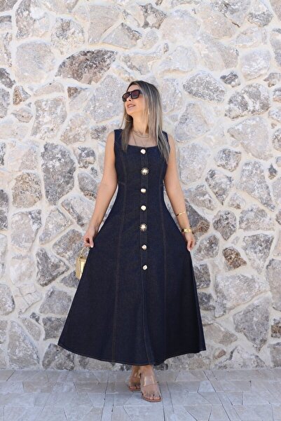 bytugcekaya Σκούρο μπλε χρυσό τζιν φόρεμα με λουράκια και κουμπιά