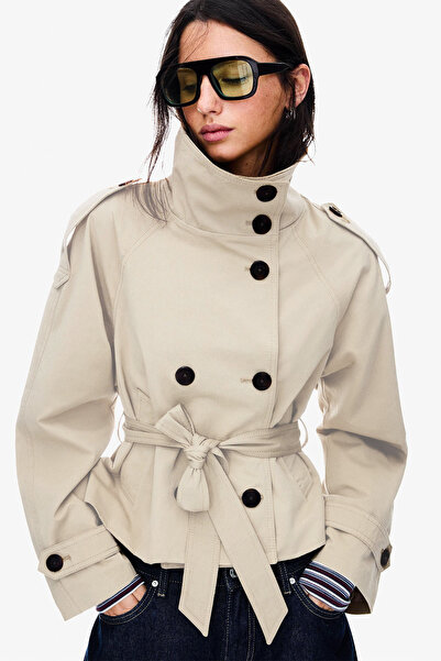 BSK Model Upright Collar Rear Spoiler Detailed Lined Women's Trench Coat Jacket Trench