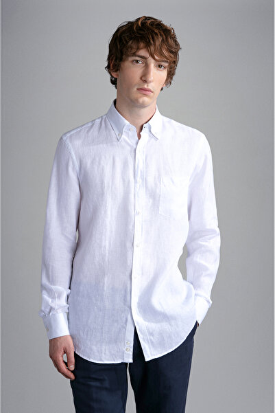 PAUL&SHARK Men's Brand Logo Buttoned Shirt Collar Long Sleeve White Shirt