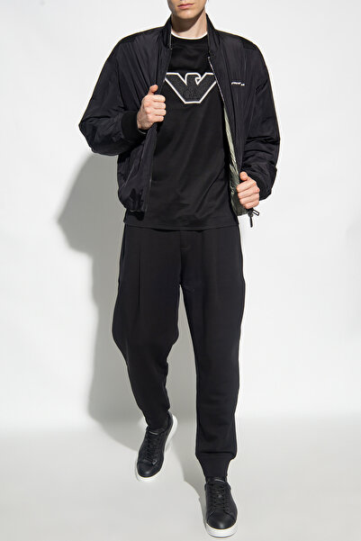 Emporio Armani Men's Brand Logo Detailed Stand Collar Zipper Closure Black Coat