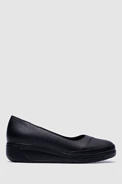 TOGO Black – Black Floather Genuine Leather Women's Wedge Heel Shoes [060276]
