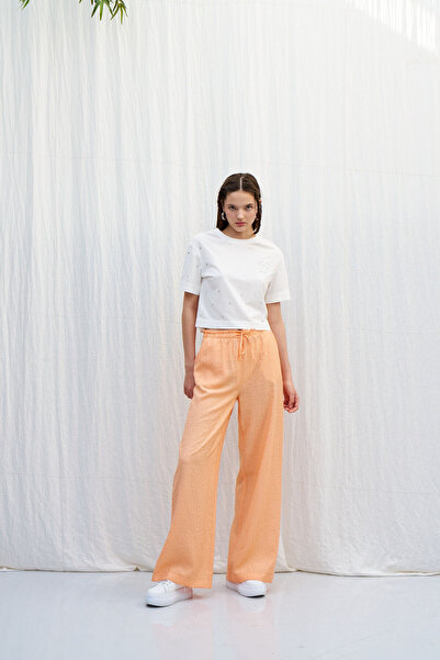 Naar Γυναικείο παντελόνι σολομού με κορδόνια, φαρδιά μπατζάκια και άνετη εφαρ...