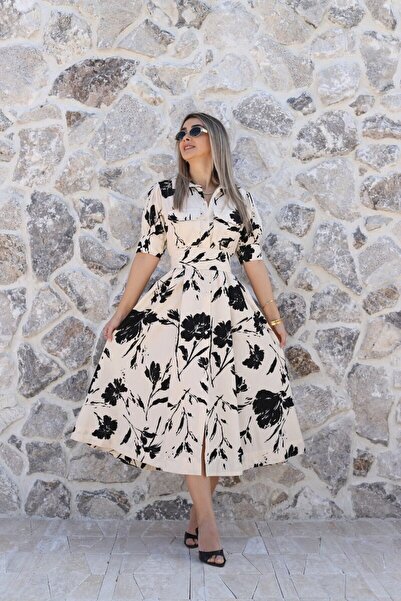 bytugcekaya Μαύρο φλοράλ φόρεμα με μανίκια μπαλόνια με τύπωμα