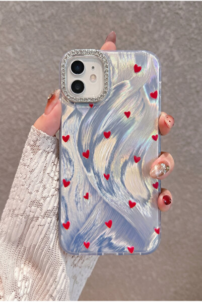 KVK PRİVACY iPhone 12 / 12 Pro Kırmızı Kalpli Telefon Kılıfı Taşlı Kamera Çer...