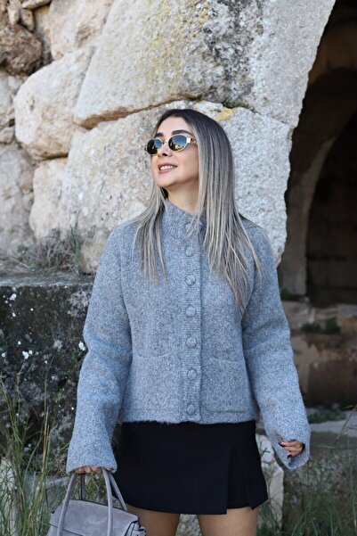 bytugcekaya Gray Standard Size Stand Collar Buttoned Cardigan