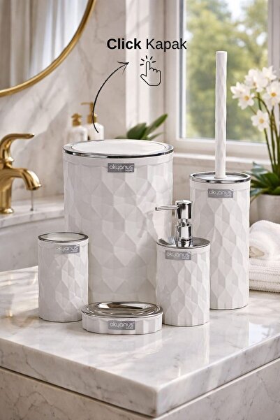 Okyanus Home Διαμαντένιο Λευκό Χρώμιο Κάλυμμα Κλικ Σετ Μπάνιου 5 τεμαχίων