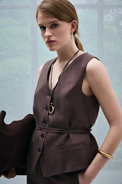 Lufian Marry Γυναικεία Μπλούζα Γιλέκο Καφέ