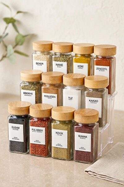 Kitchen Life Σετ 12 τετράγωνες γυάλινες καρυκευτήρες μπαχαρικών με καπάκια απ...