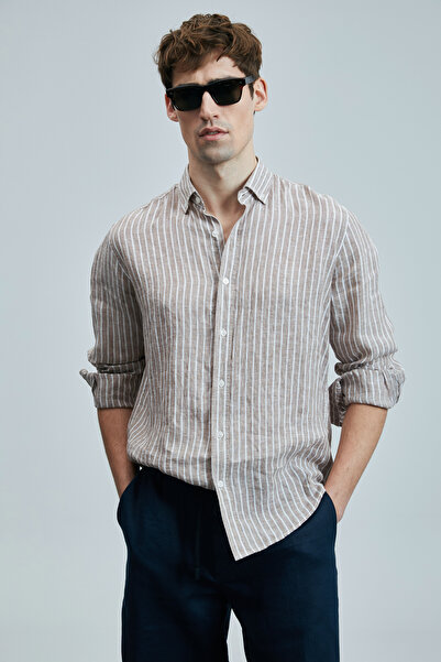 Lufian Ανδρικό λινό βαμβακερό πουκάμισο Alfred Regular Fit Beige
