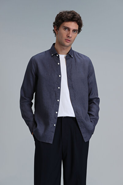 Lufian Ανδρικό λινό πουκάμισο Pitaya Comfort Fit Anthracite