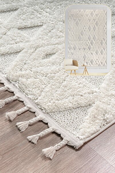 SANRUGS Home & Living Bukleli Yumuşak Peluş Post Krem Beyaz Oturma Odası Salo...