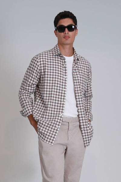 Lufian Μαδρίτη Ανδρικό πουκάμισο Basic Slim Fit Camel Hair