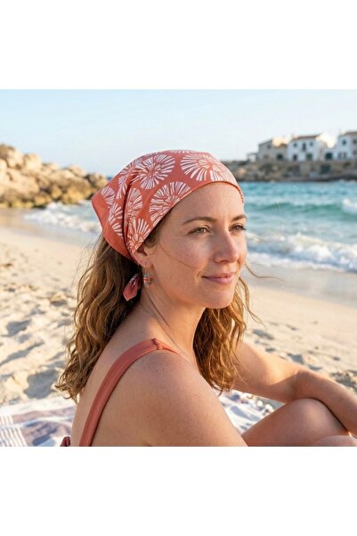 Lilyum Aksesuar Nar Çiçeği Kırmızı Deniz Kabuğu Desenli 70*70cm Fular Bandana...