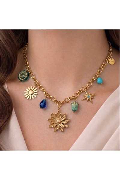 Lume Store Women's Zara Model Gold Charm Flower Detailed 316L Steel Necklace