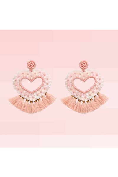 Ezera Σκουλαρίκια Jhumka σε σχήμα καρδιάς με χάντρες Miyuki, Ινδικού τύπου, ροζ