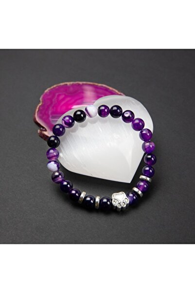 Ezera Βραχιόλι 'PAW' - χάντρες αμέθυστου/αχάτη 8mm με γούρι σκύλου, μωβ, 17-1...