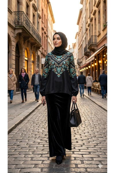 Muslima Wear Siyah Gold Yaprak Desenli Jasmine Bluz