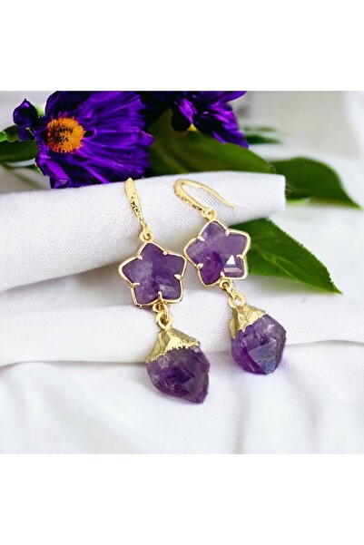 Ezera - Σκουλαρίκια Αμέθυστος, ακατέργαστη πέτρα, επιχρυσωμένο με χρυσό 18 κα...