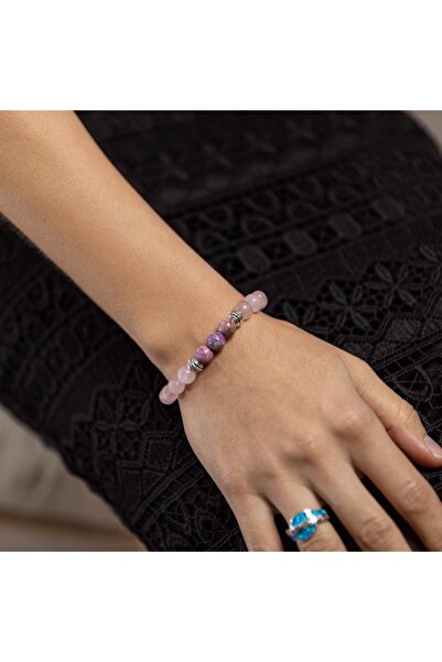 Ezera Βραχιόλι Abena με ροζ χαλαζία, μωβ αχάτη και ροδοχροσίτη