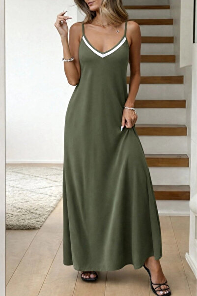 Butik Women's Long Viscose Dress with Rope Straps and V-Shaped Collar
