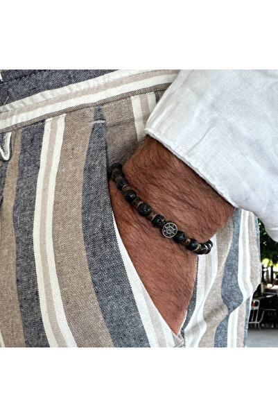 Ezera Ανδρικό ελαστικό βραχιόλι Thaddeus με πέτρες λάβας και ξύλο καρύδας