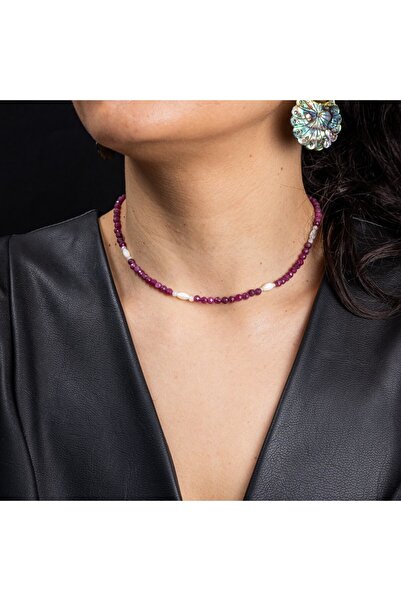 Ezera Κολιέ Naveen Choker από ρουμπίνια με κούμπωμα από ασήμι 925