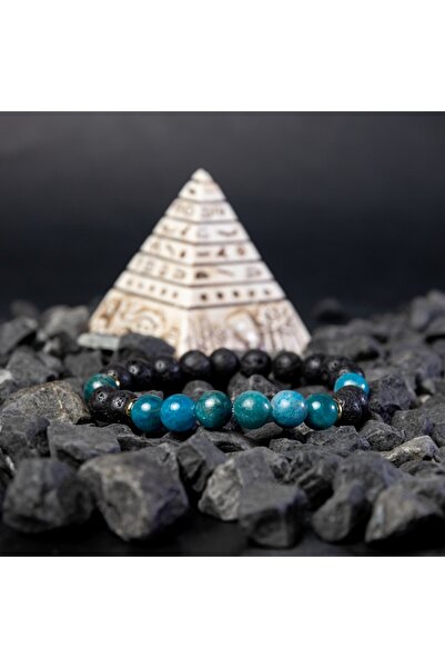 Ezera Ανδρικό βραχιόλι Nimit από πέτρες λάβας και μπλε απατίτη, χάντρες 8mm