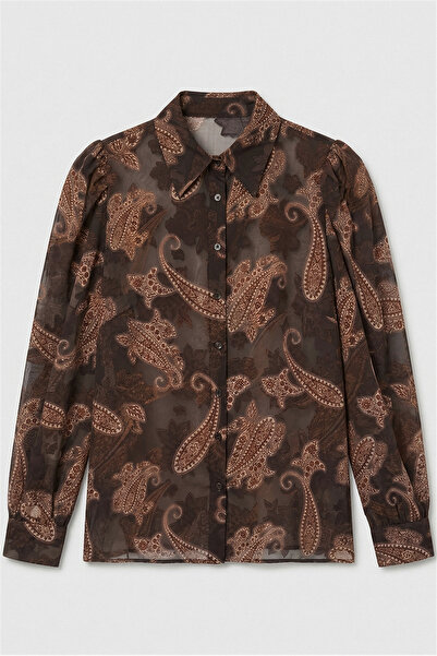 Sateen Πουκάμισο με σχέδιο σάλι και κορδόνι στο μανίκι - Καφέ