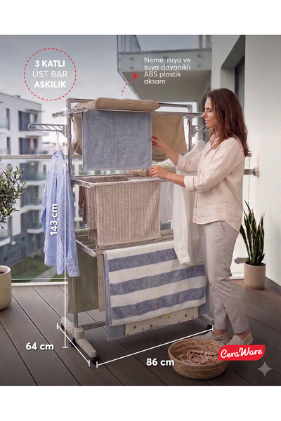 Ceraware Home S3 Premium 3 Katlı Çamaşırlık Made in Korea Tam Katlanır Tekerlekli Çamaşır Kurutmalık