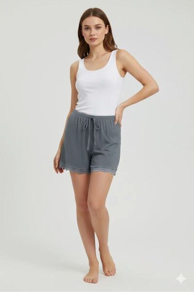 Mestore Bambu Corded Fabric Women's Home Shorts Leg Lace Detailed Home Wear Gray