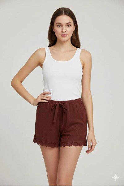 Mestore Bambu Corded Fabric Women's Home Shorts Leg Lace Detailed Home Wear D...