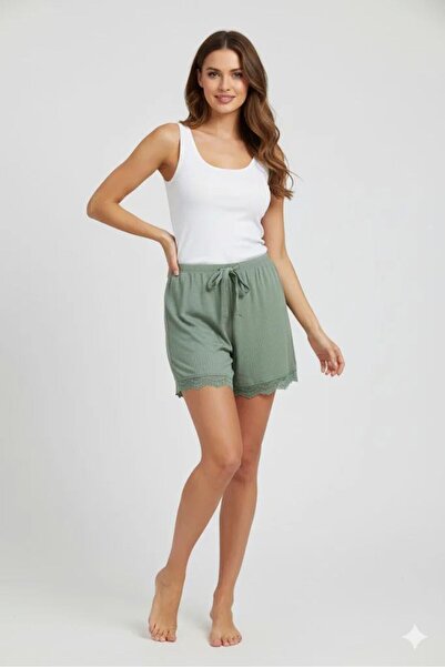 Mestore Bambu Corded Fabric Women's Home Shorts Leg Lace Detailed Home Wear G...