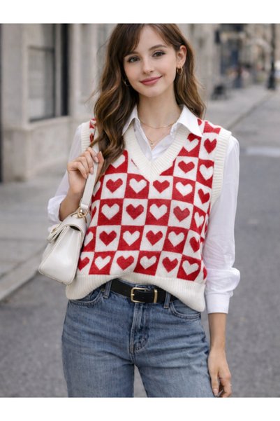 trikomode Red Heart V-Neck Regular Women's Sweater
