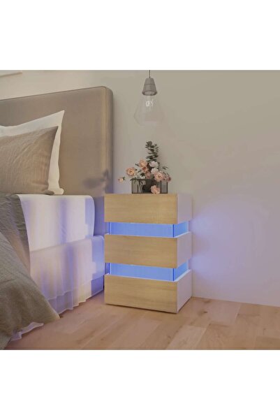Concept Dulap noptieră, cu LED, alb și stejar sonoma, 45x35x67 cm, PAL