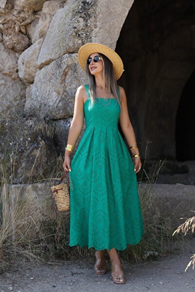 bytugcekaya Σκούρο πράσινο φόρεμα με πλισέ μίντι φιστό