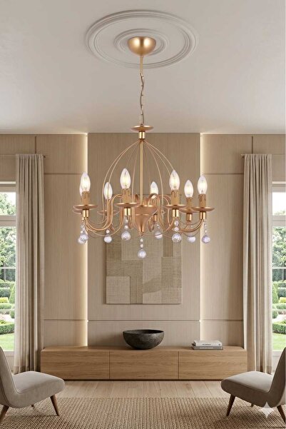 VK HOME AYDINLATMA Hümayun Lüx Taşlı Avize 8 Li (GOLD)