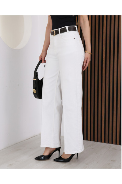 deqfashion Women's White High Waist Belted Boyfriend Wide Leg Jeans