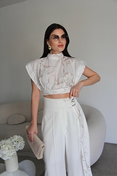 Julidress Σετ Premium με μπλούζα με όρθιο γιακά με σχέδιο και παντελόνι παλάτ...