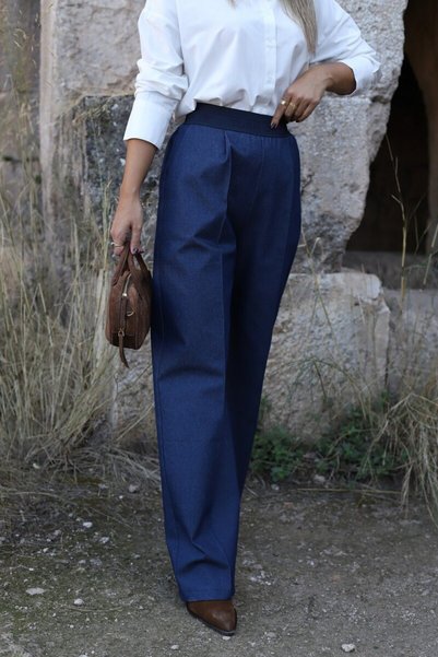 bytugcekaya Navy blue jean waist elastic detail pants