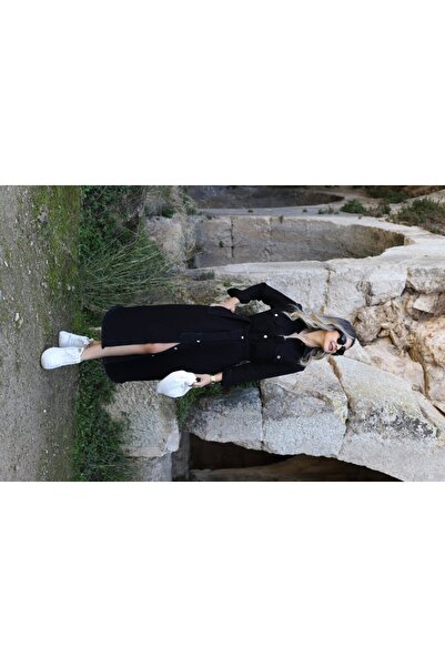 bytugcekaya Σκούρο μαύρο μακρύ τζιν φόρεμα με ζώνη με τσέπες